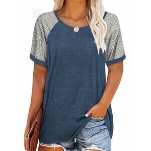 Rosvigor Womens Plus Size Tunic Color Block Top Loose Blue Gray Size 4XL